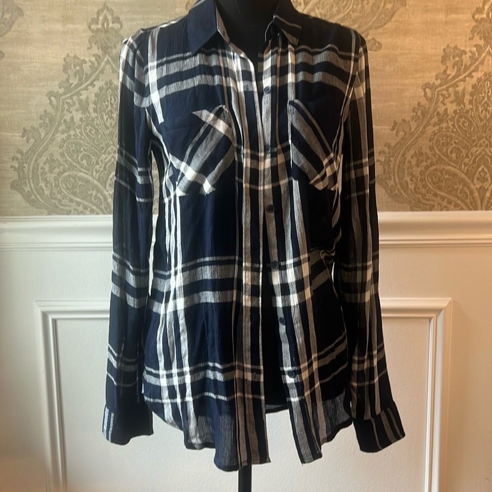 Lucky Brand Plaid Gauze Button-Up Shirt Navy Blue White Plaid XS